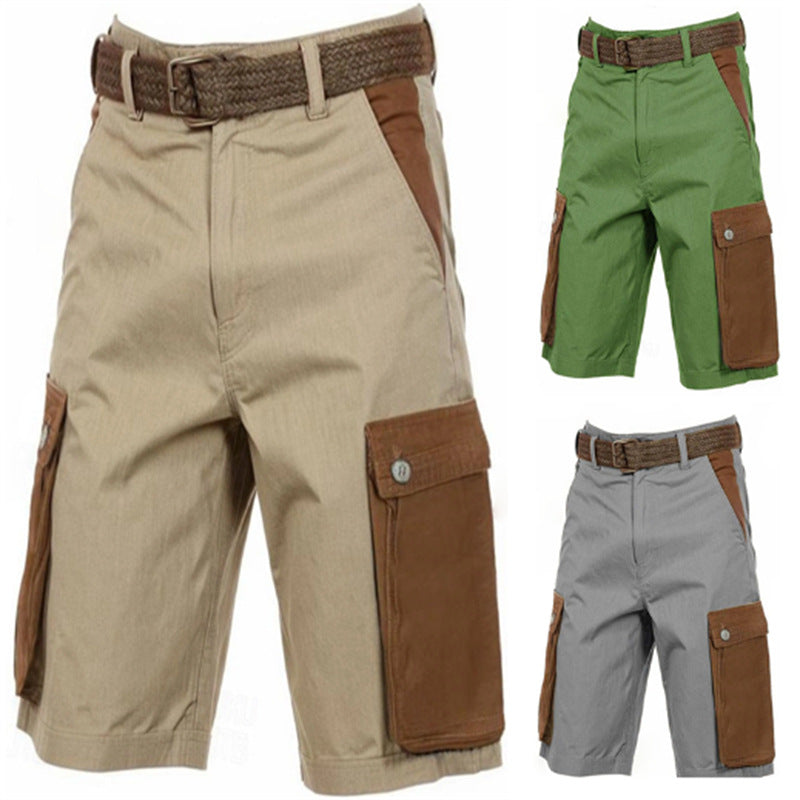 Men's Vintage Linen Summer Color Matching Casual Multi-pocket Workwear Breathable Straight Shorts