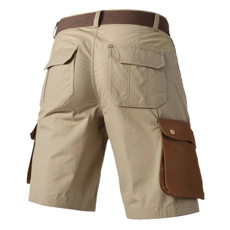 Men's Vintage Linen Summer Color Matching Casual Multi-pocket Workwear Breathable Straight Shorts